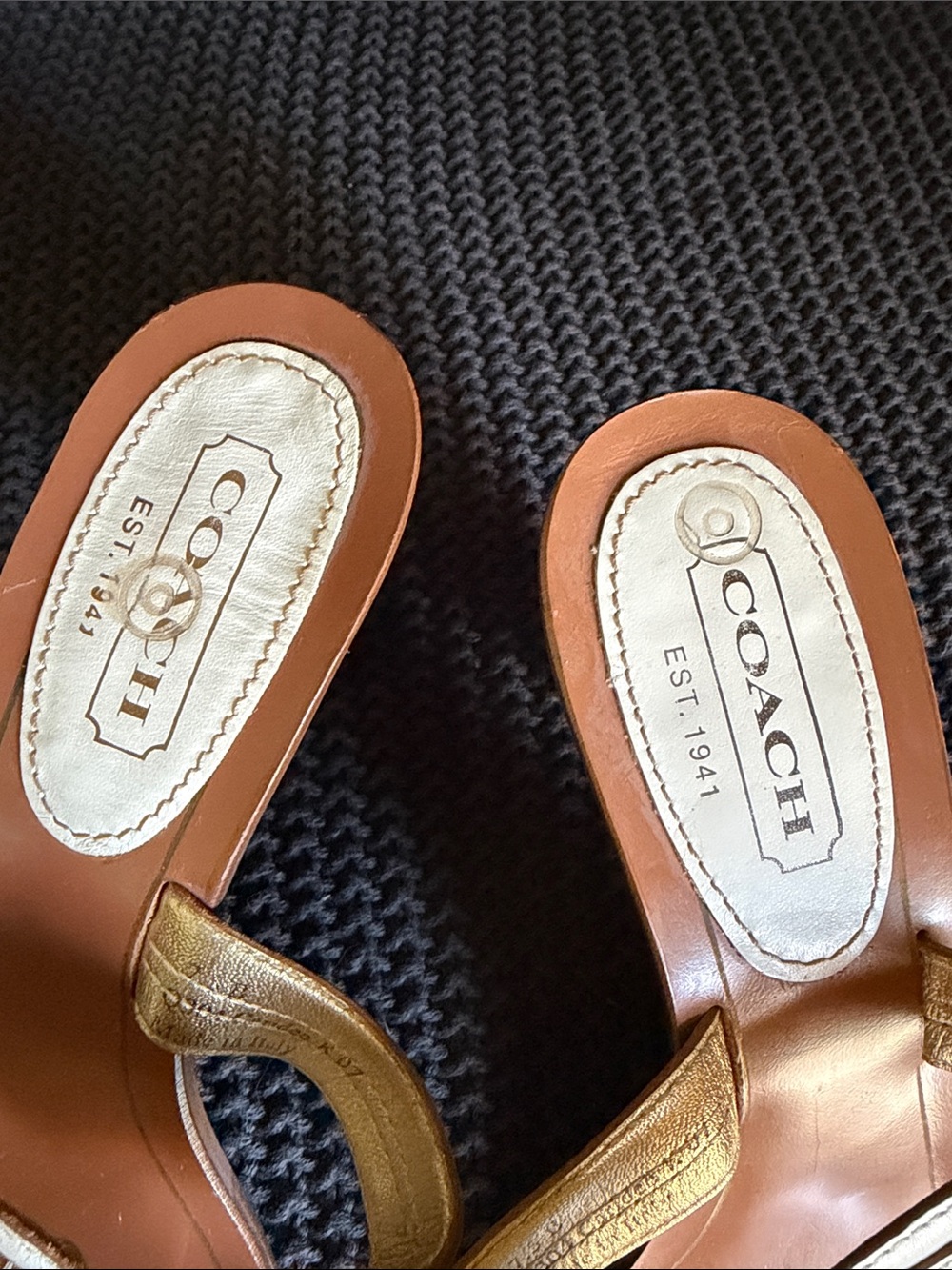 Coach Gold Leather Thong Sandals with Blue Medallion - Picture 3 of 7